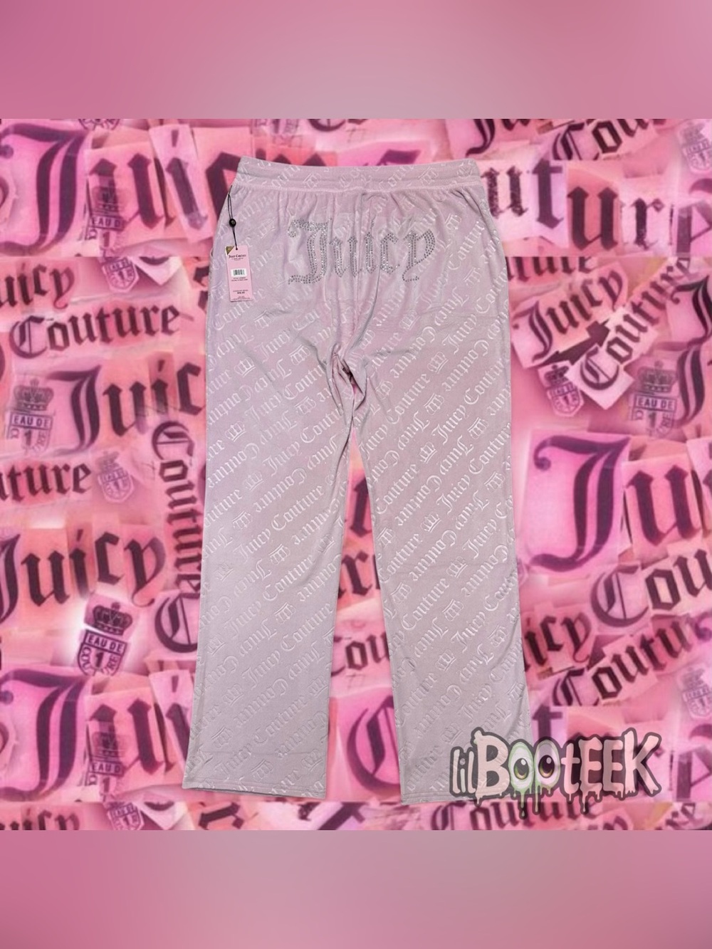 Juicy Couture XL Blush Pink Logo Embossed Velour Pants w Rhinetone Logo NEW Y2K
